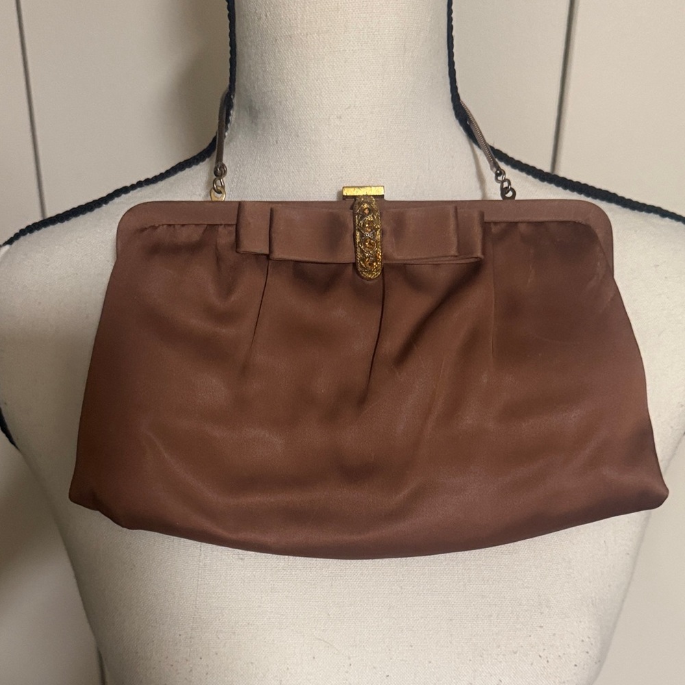 Antique Brown Clutch with Gold Clasp with Rhinestones. Brand: Ande